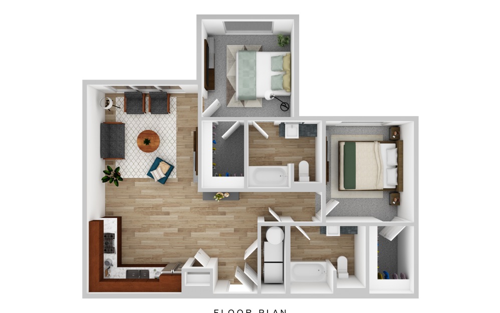 B1 floor plan – 2 bedroom, 2 bathroom apartment layout with open living room and kitchen with washer and dryer