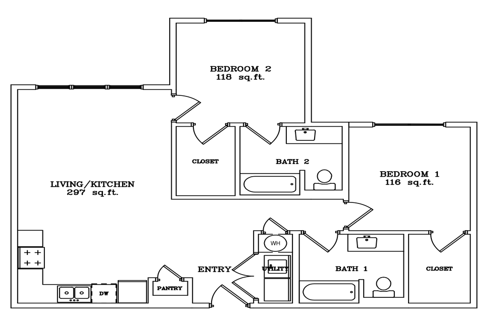 B1 floor plan – 2 bedroom, 2 bathroom apartment layout with open living room and kitchen with washer and dryer
