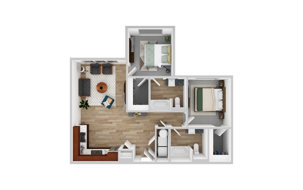 B1 - 2 bedroom floorplan layout with 2 bathrooms and 852 square feet