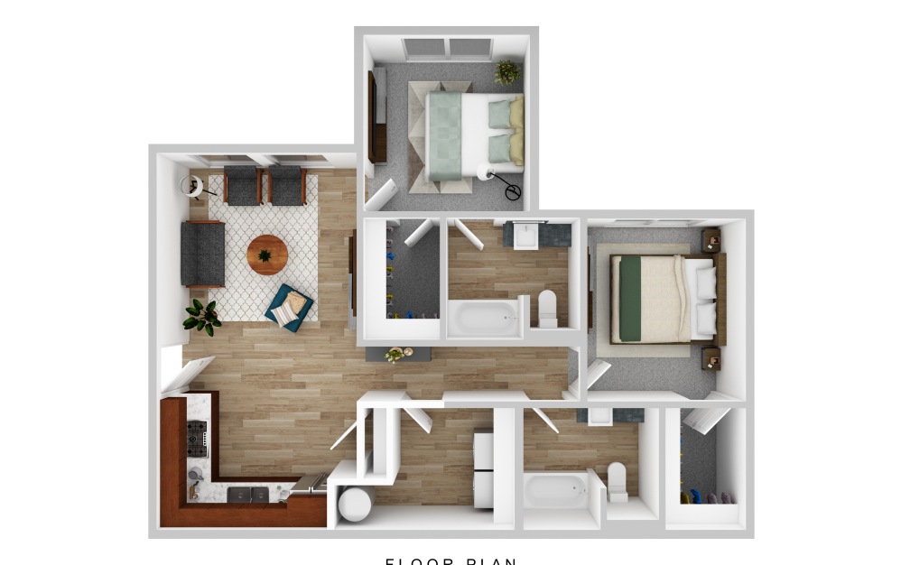 B2 floorplan  2 bedroom 2 bathroom apartment with washer and dryer