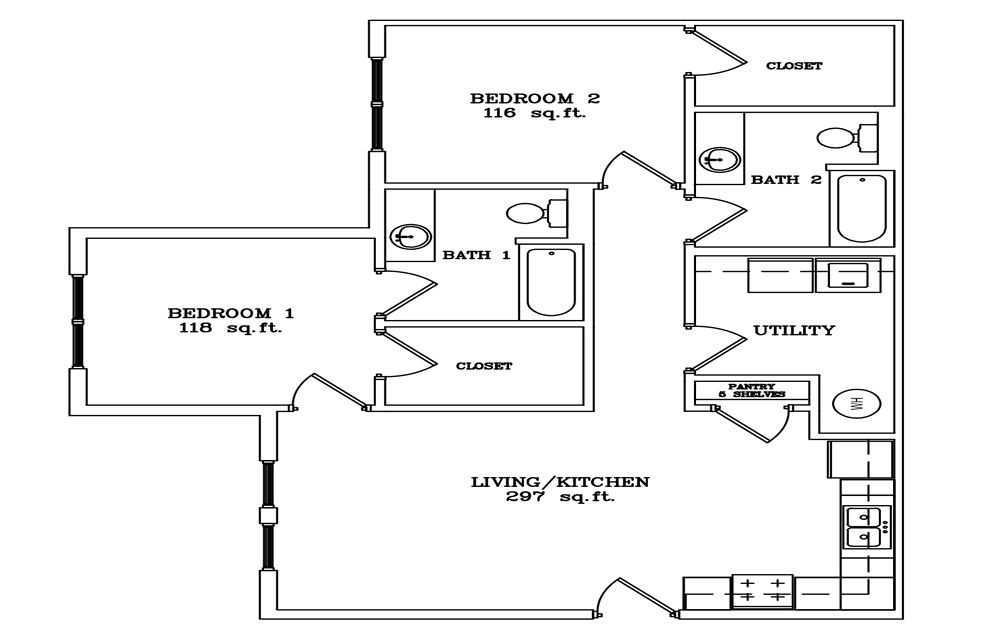 B2 floor plan – 2 bedroom, 2 bathroom layout with living/kitchen, two closets, and washer and dryer