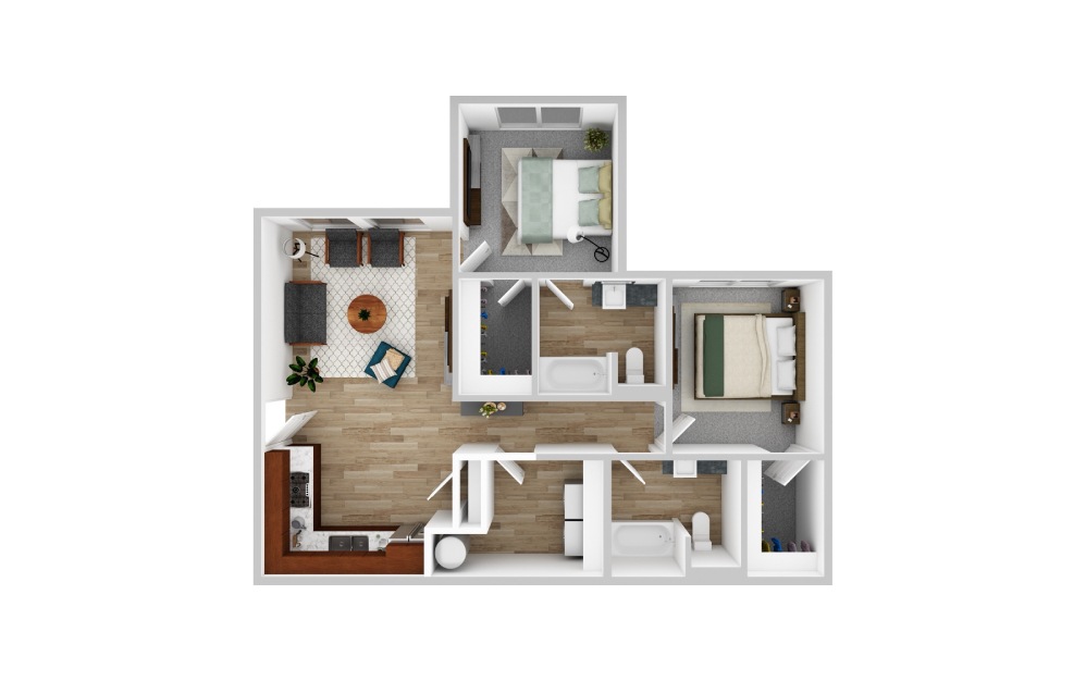 B2 - 2 bedroom floorplan layout with 2 bathrooms and 860 square feet