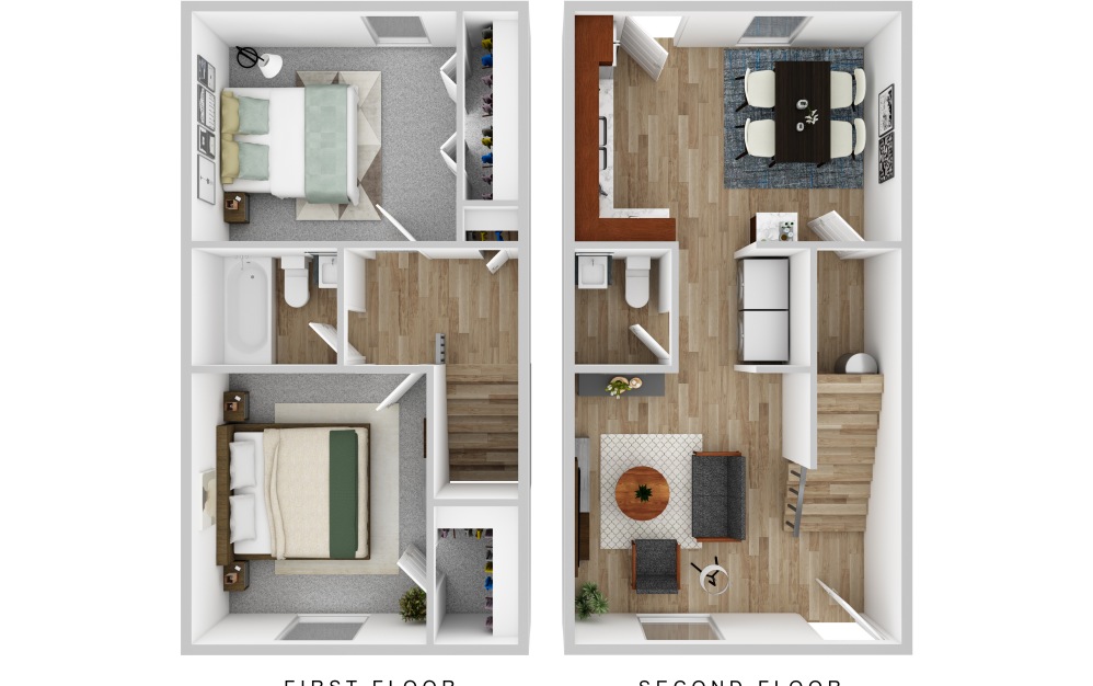 B3 townhome floor plan – 2 bedroom, 1.5 bath, two-story layout with first floor living/kitchen  plus washer and dryer and second floor bedrooms