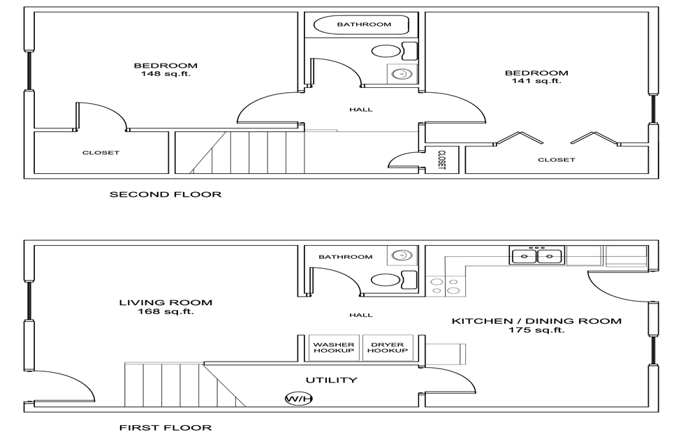 B3 townhome floor plan – 2 bedroom, 1.5 bath, two-story layout with first floor living/kitchen  plus washer and dryer and second floor bedrooms