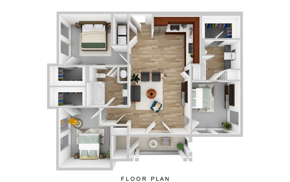 C1 Floor plan layout with 3 bedrooms and 2 bathrooms, open kitchen and dining and washer and dryer