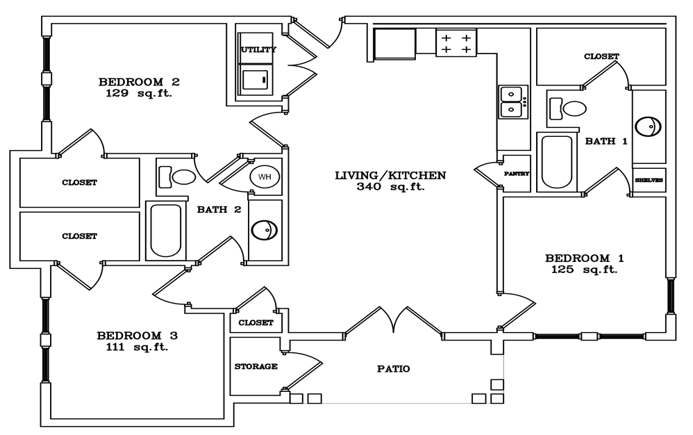 C1 Floor plan layout with 3 bedrooms and 2 bathrooms, open kitchen and dining and washer and dryer